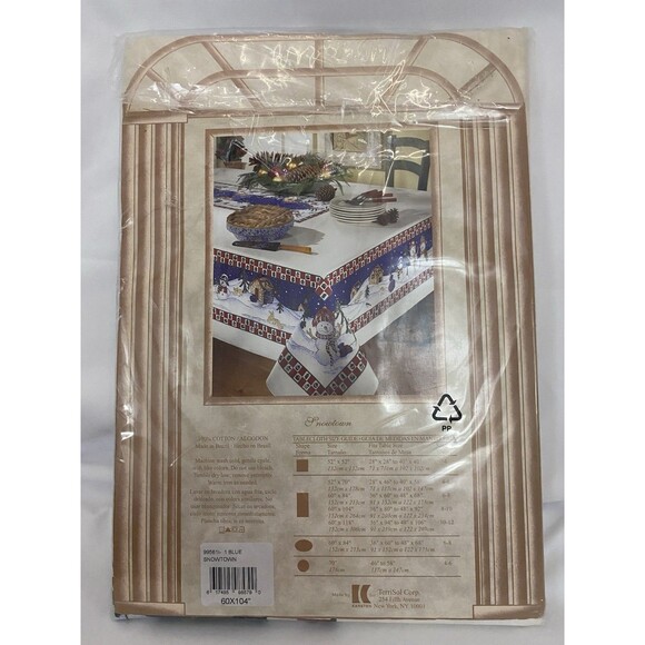 Tablecloth Blue Snowtown Snowman Village Cotton Vtg Karsten TerriSol 60 X 104 - Picture 2 of 5